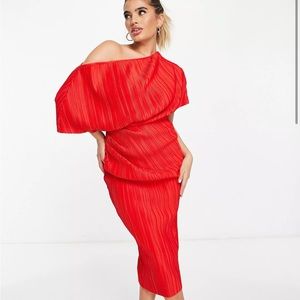 ASOS DESIGN fallen shoulder plisse midi dress in flame red